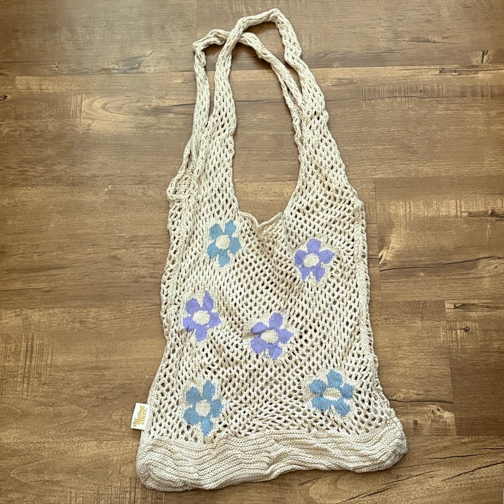 Beige Crochet Floral Tote Bag with Blue & Lavender Flowers